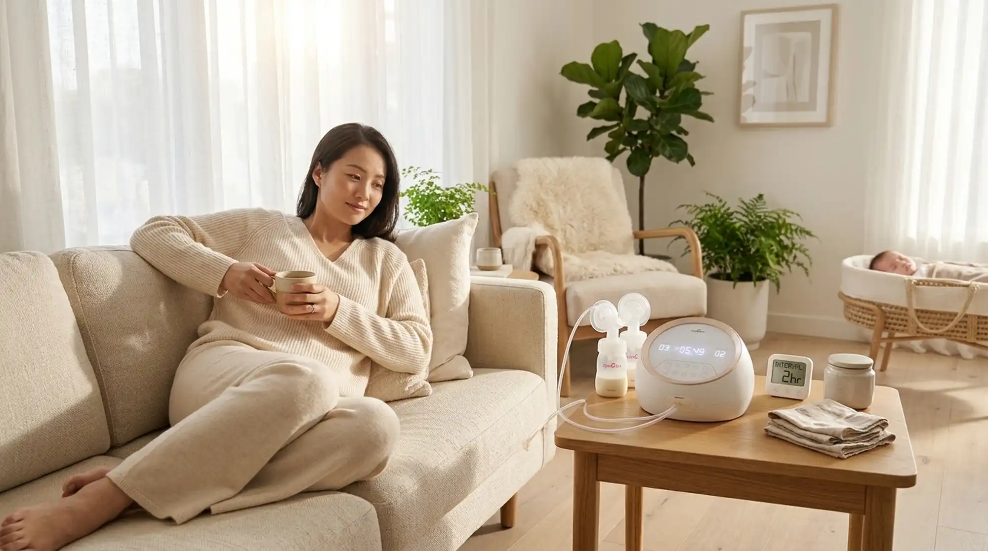 Máy hút sữa Spectra Dual S cao cấp đặt trên bàn cạnh ly sữa hạt ấm và cữ hút sữa đôi nhẹ nhàng của người mẹ]