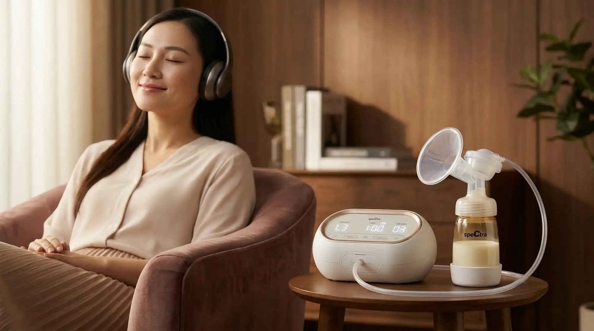 Mẹ bỉm công sở thanh lịch đang ngồi thư giãn đọc sách tại góc văn phòng