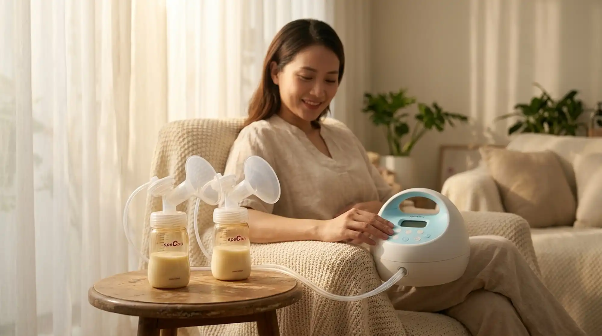 Mẹ bỉm ngồi thư thái trên ghế bành êm ái vào buổi sáng, bên cạnh là máy hút sữa Spectra S1 Plus
