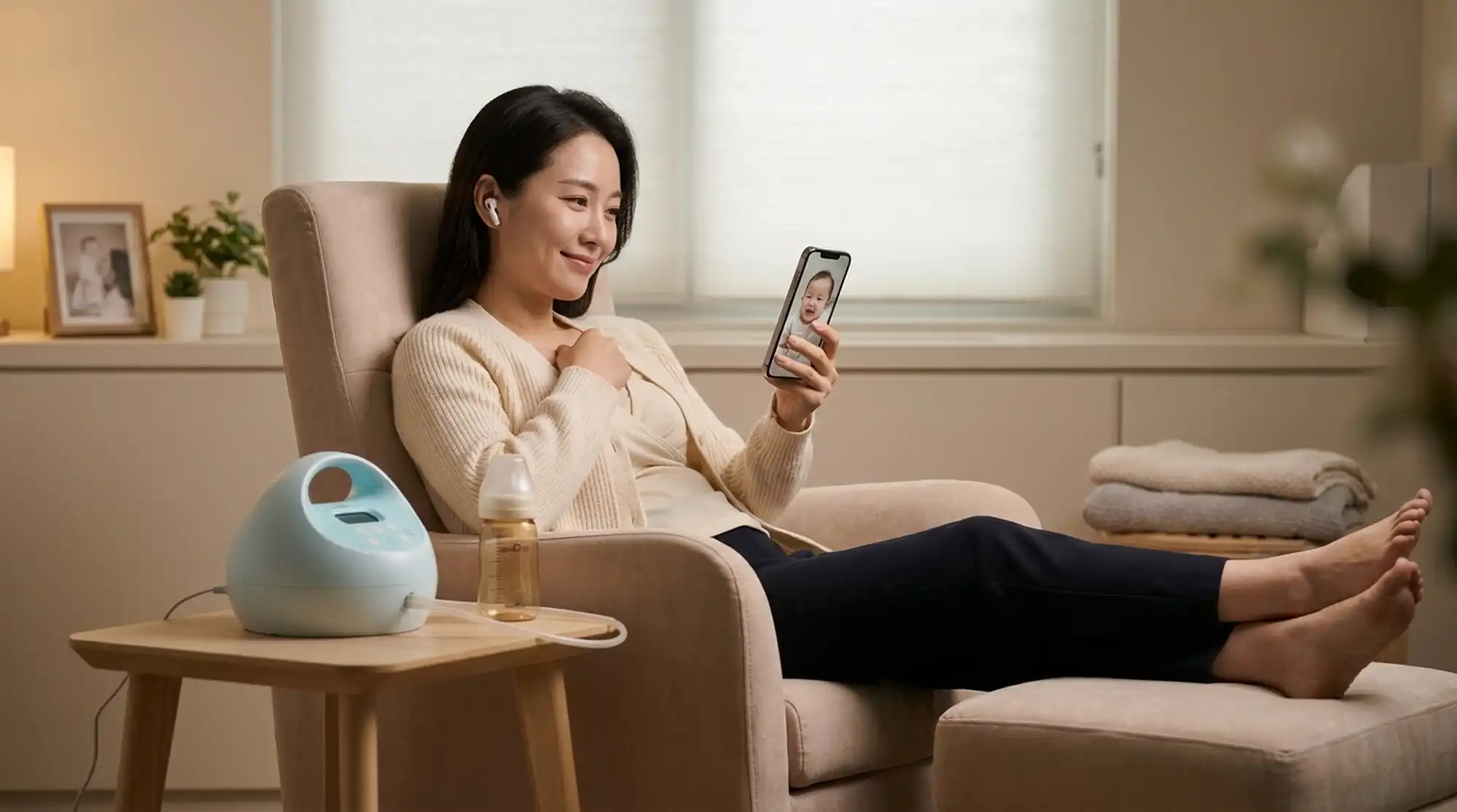 Mẹ công sở thanh lịch mặc trang phục công sở nhẹ nhàng, đang ngồi bên bàn làm việc văn phòng