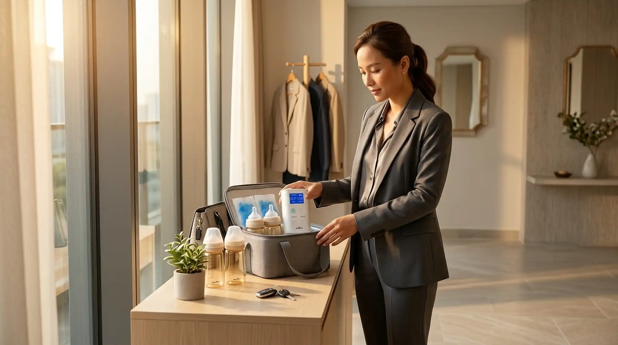 Mẹ công sở thanh lịch đang ngồi tại bàn làm việc ghi chú thời gian biểu lịch hút sữa vào cuốn sổ tay