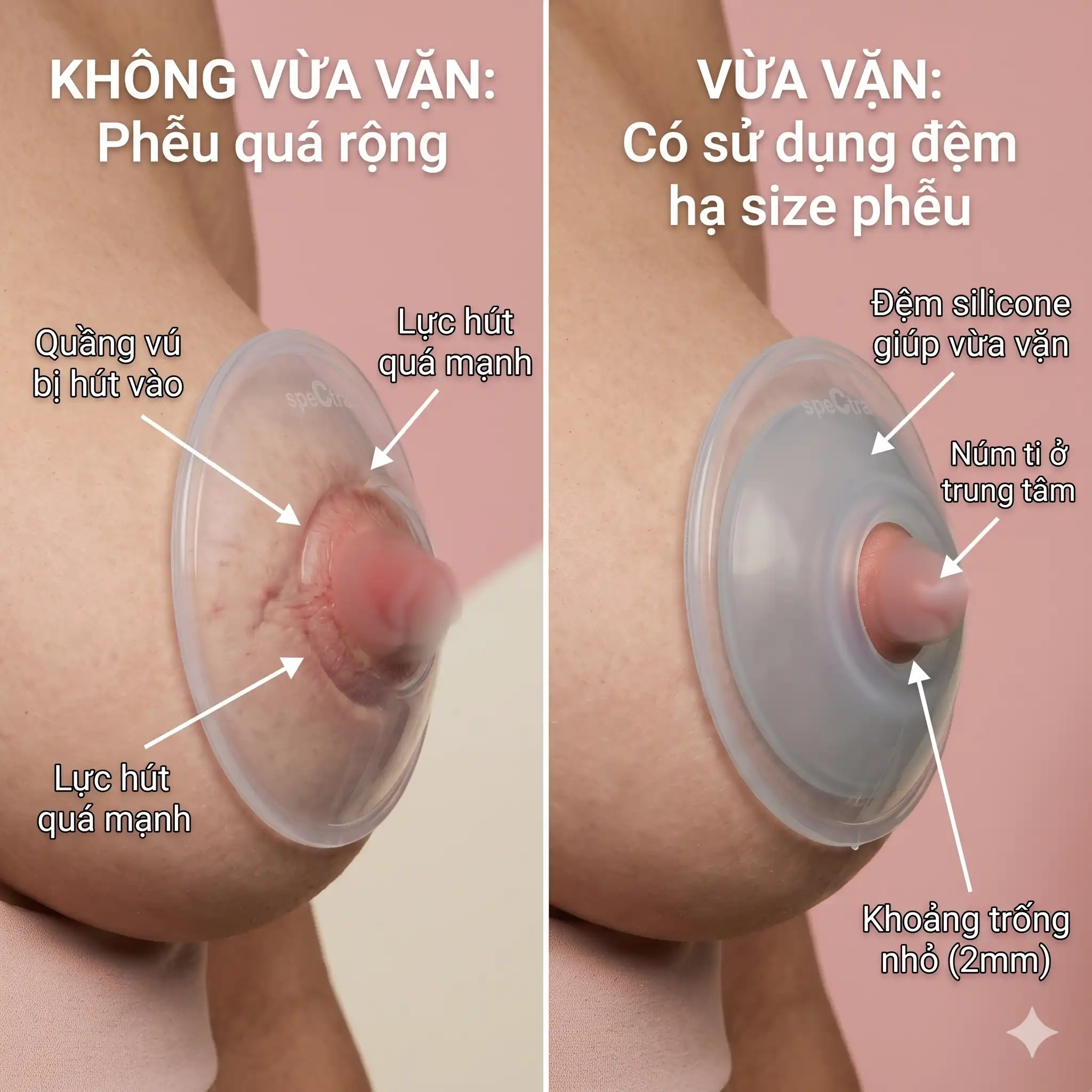  Hình vẽ so sánh hai trường hợp phễu hút: Một bên dùng phễu quá rộng bị hút cả quầng vú vào lòng ống gây đau rát, một bên dùng đúng size đệm hạ size ôm sát núm vú chuẩn xác
