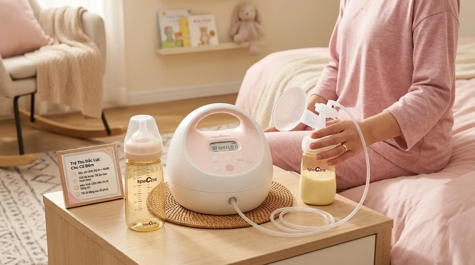Không gian phòng ngủ ấm cúng ban đêm của mẹ sau sinh tháng thứ nhất