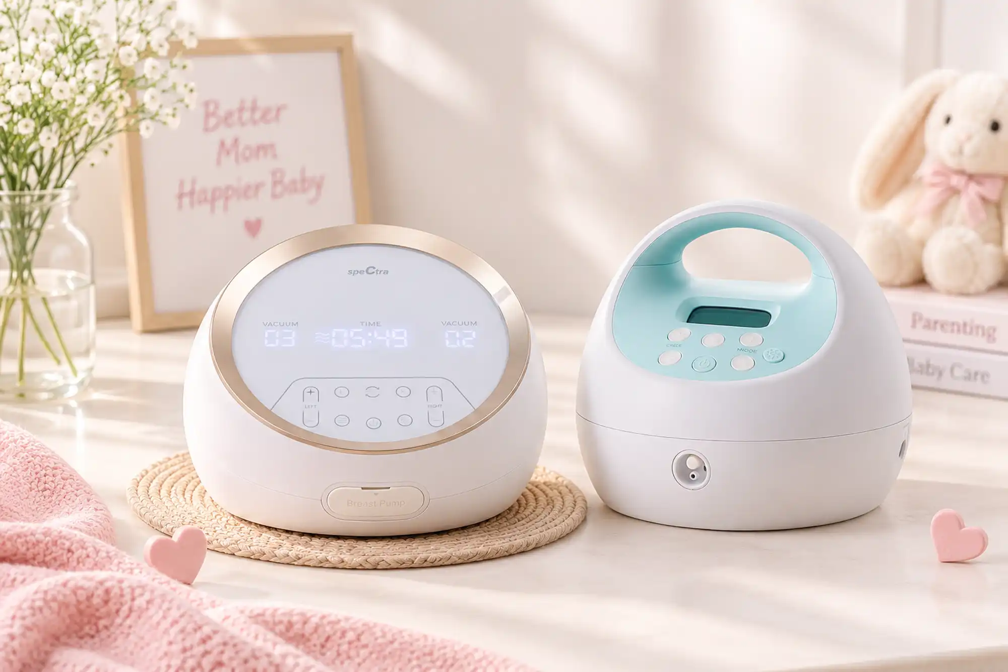 Ảnh chụp studio đặt song song máy hút sữa Spectra S1 Plus màu xanh trắng bo tròn và máy hút sữa Spectra Dual S